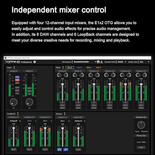 TOPPING E1X2 OTG USB Audio Interface | XLR Mic Preamp, 48V Phantom Power, 24bit/192kHz, 8 DAW/6 Loopback Channels, PC & Mobile Recording, Dual Livestream, Zero-Latency Mixer, High-Res Playback(White)