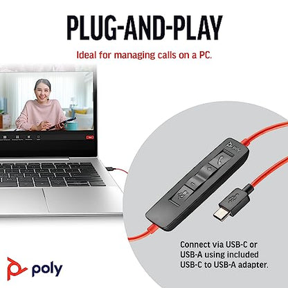 Poly Blackwire 3210 Wired Headset, Noise-Canceling Mic, Single-Ear Design, Connect to PC/Mac via USB-C or USB-A, Works with Teams & Zoom, Amazon Exclusive (9P7X7AA)