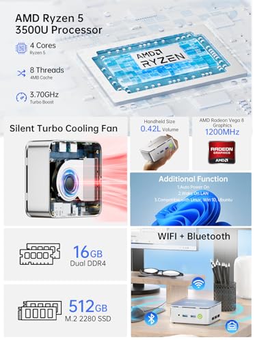 GMKtec Mini PC Computer, G10 Ryzen 5 3500U (Beats N150/4300U/3200U), 16GB RAM 512GB SSD 2.5GbE NIC LAN Desktop Office Home Business HTPC, Triple 4K Display, WiFi, BT, USB-C, DP, Type-C PD, HDMI 2.1 - size: R5 3500U 16GB DDR4+512GB