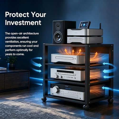4 Tier Audio Rack Tower, CD Record Player Stereo Receiver AV Equipment Cabinet Display Rack, Weight Capacity 661 lbs, with Adjustable Wooden Shelves for Home (4 Tier Black) - size: 4 Tier Black