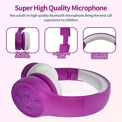 Toddler Bluetooth Headphones, Foldable Kids Wireless Headset with Built-in Mic, Volume Limiting Headphones, Comfort Ear Cushions for Children Online Learning, Travel & Entertainment (Purple) - color: Purple