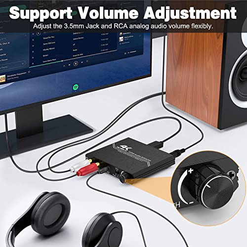 HDMI Audio Extractor, 4K HDMI to Optical SPDIF + 3.5mm Stereo + RCA L/R Audio Adapter Converter with Volume Control Support 4K@60Hz HDCP 2.2 HDR 3D YUV 4:4:4