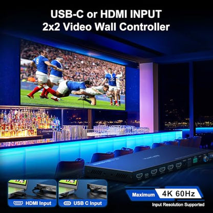 PORTTA 2x2 HDMI or USB-C Video Wall Controller 4K 60Hz, Video Wall Processor with 11 Splicing Modes, RS232, 180° Rotate, Audio Extractor, 2x2,1x2,1x3,1x4,2x1,3x1x4x1, 4 tv Screens into 1 Wall Display - style: 4K@60Hz 2X2 Video Wall