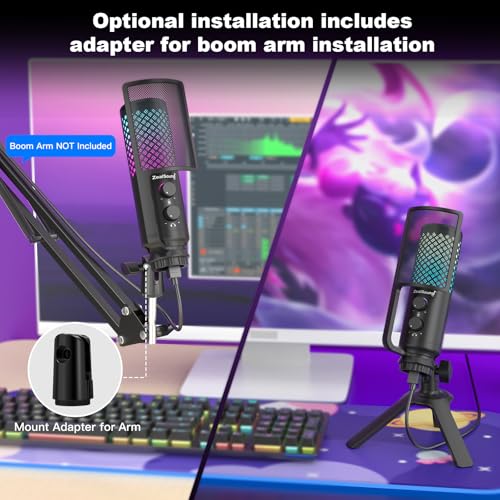 ZealSound Podcast Microphone for PC/Mac/iPhone/Phone – 96kHz/24bit USB Condenser Mic with Noise Reduction, Tap-to-Mute, Gain Control, Zero-Latency Monitor, RGB Light for Streaming, Gaming, Recording