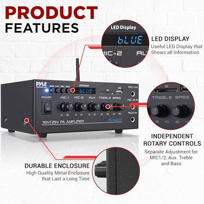 Pyle Compact Mini Home Power Amplifier - 40W Smart Small Audio Stereo Receiver w/ AUX 2 Microphone IN COM/8-Ohm/25V/70V Speakers LED Input Selector For PA Amplified Speaker Sound System - PCM20A - size: 40 Watts