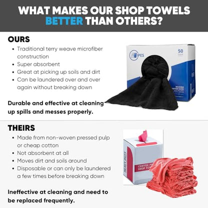 Black Microfiber Shop Towels | MWipes Reusable Shop Rags | 50 Rags in a Box | Super Absorbent, Machine Washable Hundreds of Times | Automotive, Paint, Industrial, Detailing - color: Black