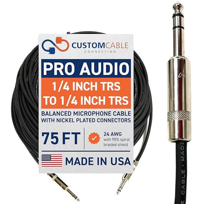 75 Foot Pro Audio REAN 1/4 inch (6.35mm) TRS to REAN 1/4 inch (6.35mm) TRS Balanced Cable with Rean NYS228 Nickel Plated connectors by Custom Cable Connection - size: 75 Foot, style: Male to Male (Nickel)