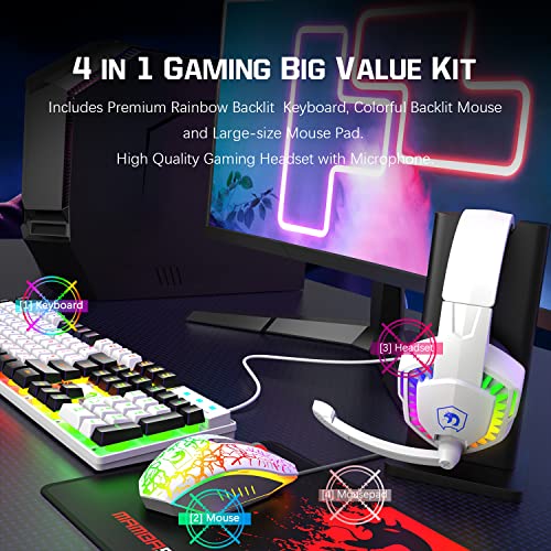 Wired Rainbow LED Backlit Keyboard and Mouse, Over Ear Headphone with Mic, Gaming Mice and Pad, for PC, Xbox and PS4 (White/Black) - color: White/Black