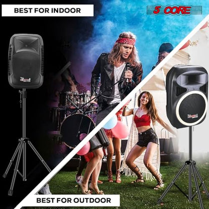 5 Core Speaker Stand Universal Mount Steel Construction 132 Lbs Capcity Stable Tripod w/Adjustable Height 72” w 35mm Compatible Insert Metal Safety Pin Black