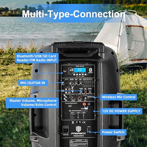 Portable 15" 1600W 2-Way Rechargeable Powered Dj PA Speaker System with Bluetooth, Rechargeable Battery, 2 Wireless Mics, USB, SD, FM Radio, Remote & Speaker Stand for Parties, Events, gigs, Outdoor - size: 15 inch