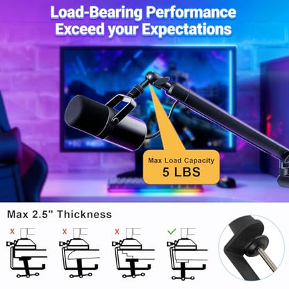 Aqdocvf Microphone Boom Arm - Heavy Duty Low Profile Metal Mic Arm Stand | Sturdy Microphone Arm with Desk Clamp & Cable‑Management, for Shure SM7B‑MV7, Blue Yeti, AT2020, Podcast, Gaming & Streaming