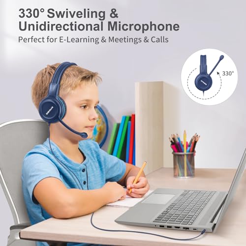 SIMOLIO Wired Headphones for School with Microphone, Stereo Kids Headphone with Flexible Swivel Boom Mic for Student K12 & Teacher & E-Learning, 3 Levels Volume Limiter Gaming Headsets for Boys, Girls - color: Blue