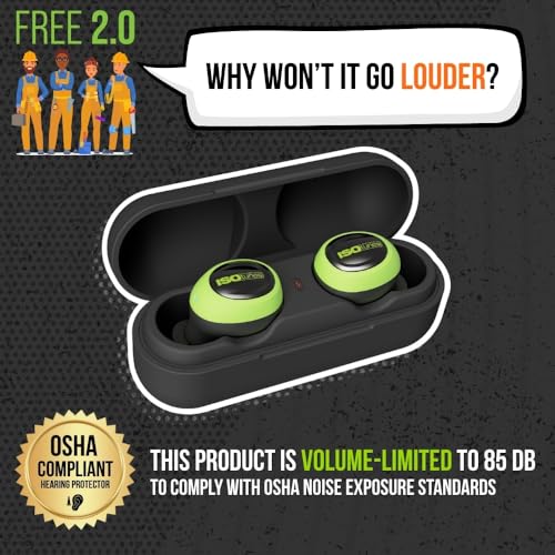ISOtunes Free 2.0 Bluetooth Hearing Protection, OSHA Compliant Work Earbuds | 25 dB NRR, wireless earplug headphones, OSHA approved, true wireless Bluetooth, designed for work - color: Safety Green