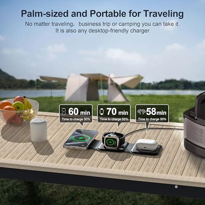 3 in 1 Charging Station for Multple Devices,Foldable 3 in 1 Wireless Charger for Travel,Nano Wireless Charging Station for iPhone16 15 14 13 12 Pro Max/Watch 10 9 8 7 6 5 4 3 Ultra/AirPod Pro - color: Black