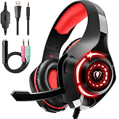 Tatybo Gaming Headset for PS5 PC, Noise Canceling Mic, RGB, Black Red | Over Ear, Deep Bass Stereo Sound for FPS, Battle Royale, Lightweight for Xbox, PS4, Mobile, Nintendo, 3.5mm Devices - color: Black Red