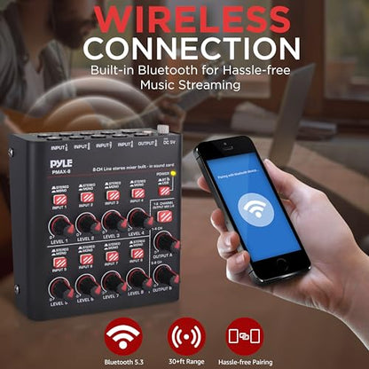 Pyle 8-Channel Bluetooth Mini Line Mixer with USB Audio Interface - 8 Mono/Stereo Switching Inputs | Ultra-low Noise Design with High Headroom | Built-in USB-C Sound Card - PMAX8 - size: 8 Channel