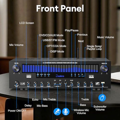 Daakro Stereo Receivers Home Audio Amplifier w/DSP Display,300W Rated Power 5.1 Channel Bluetooth Receiver,Home Amp w/BT/CD/DVD/AUX/USB/BT/FM/Opt/COA/MIC for Home/Studio/Theater Passive Speaker - size: 3800
