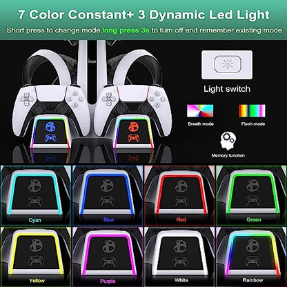 Fastsnail PS VR2 / PS5 / PS5용 RGB 충전 스테이션, LED 조명 10개 포함 | 플레이스테이션 5용 5V/3A 어댑터가 있는 무선 컨트롤러 충전기 도크, VR2 헤드셋 홀더가 있는 충전 스탠드