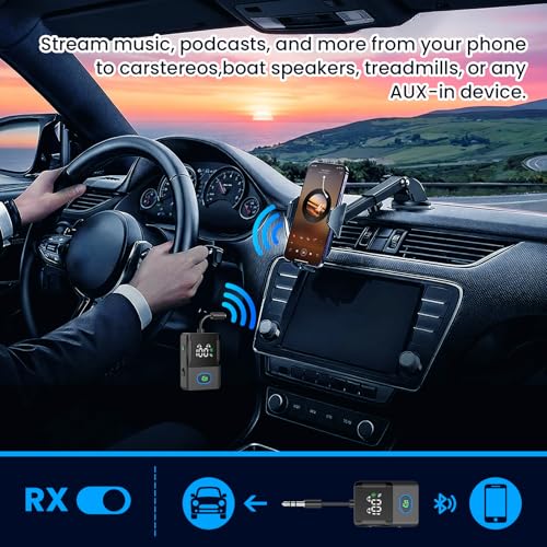 Bluetooth Transmitter Receiver for Airplane, TVs, 2 in 1 Wireless Bluetooth 5.3 Adapter Compatible with 2 Headphones, Cell Phones, 3.5mm AUX Jack Car Transmitter with LED Digital Display - color: Black