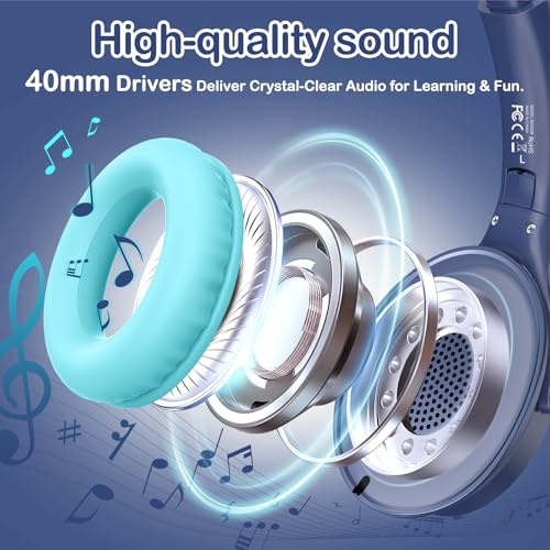 USB-C Kids Headphones, Wired Headphones for Girls Boys, 94dB Volume Limit | LED Lights, 94dB Volume Limit, Stereo Sound Portable Foldable Lightweight for School/iPad/Tablet/Airplane Travel/Toddler - color: Blue