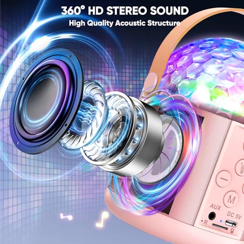 Mini Karaoke Machine for Teens Kids, Birthday Party Gifts Toys for Girl Ages 4 5 6 7 8 9 10 11 12+ Years Old, Portable Bluetooth Speaker with 2 Wireless Microphones and Disco Lights - color: Pink