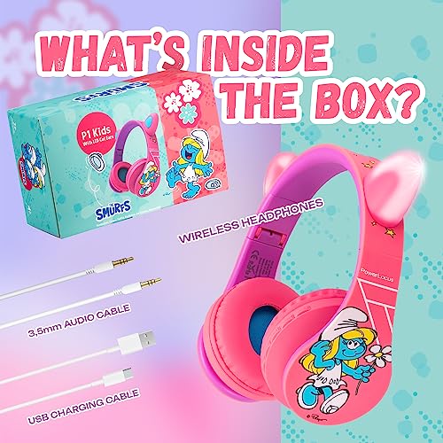 PowerLocus Bluetooth Headphones for Kids, Wireless Foldable Headphones Over Ear, Headphone with Microphone, 85/94dB Volume Limit, Wireless and Wired Headset with Micro SD, FM for Phones/Tablets/PC/TV - color: The Smurfs Collection