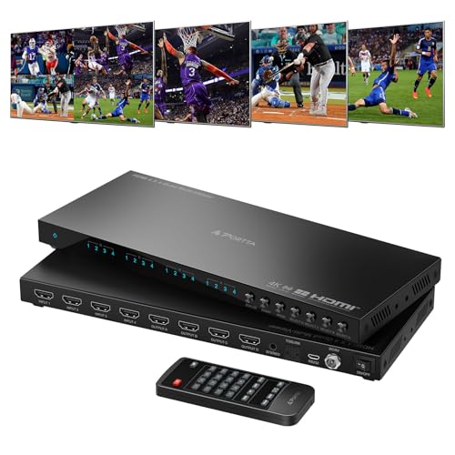 4K HDMI Multiviewer Switch 4x4 with PIP, PORTTA Quad Multi Viewer Seamless Switcher 4 in 4 Out with Toslink, 3.5mm Audio Output Support 4K 30Hz, 6 Viewing Modes, Downscaler for PS4/PC/DVD - style: HDMI multiview 4x4 4K@30Hz