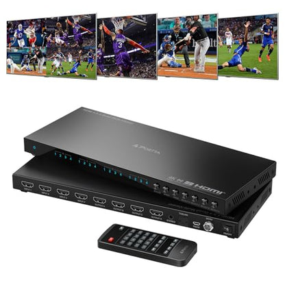 4K HDMI Multiviewer Switch 4x4 with PIP, PORTTA Quad Multi Viewer Seamless Switcher 4 in 4 Out with Toslink, 3.5mm Audio Output Support 4K 30Hz, 6 Viewing Modes, Downscaler for PS4/PC/DVD - style: HDMI multiview 4x4 4K@30Hz