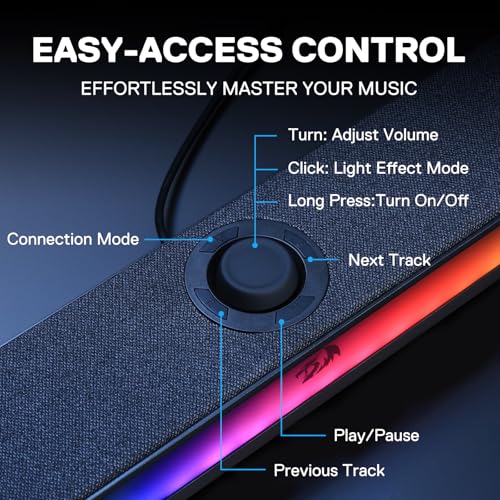 Redragon GS515 RGB Desktop Soundbar, 2.0 Stereo Enhanced Sound, BT 5.3 | 6 Dynamic Lighting Effects, Wireless & Wired Connectivity, Compact Design,Plug & Play USB Powered PC Gaming Speaker - color: Black