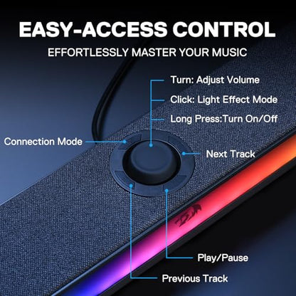 Redragon GS515 RGB Desktop Soundbar, 2.0 Stereo Enhanced Sound, BT 5.3 | 6 Dynamic Lighting Effects, Wireless & Wired Connectivity, Compact Design,Plug & Play USB Powered PC Gaming Speaker - color: Black