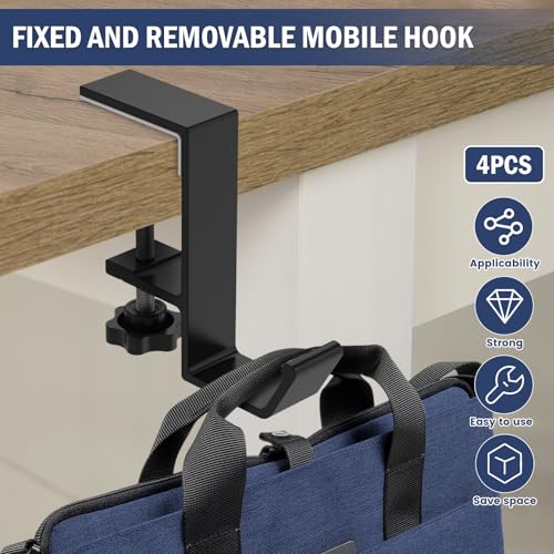 Clamp-On Under Desk Backpack Hanger, Clamp-On Under Desk Headphone Holder, Students' Desk Hook, with Adjustable Arm Clamp for Handbag and Purse Holder (Black) - color: Black