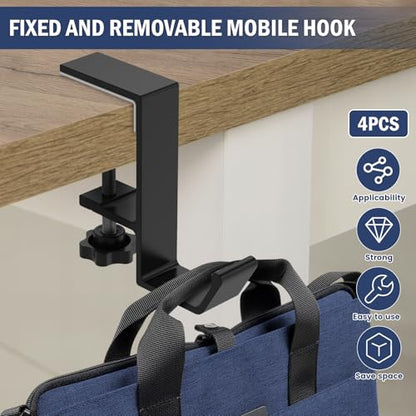 Clamp-On Under Desk Backpack Hanger, Clamp-On Under Desk Headphone Holder, Students' Desk Hook, with Adjustable Arm Clamp for Handbag and Purse Holder (Black) - color: Black