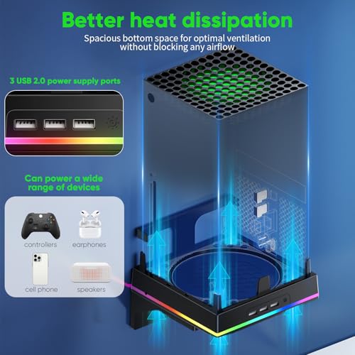 RGB Wall Mount for Xbox Series X -Sturdy Shelf Holder Load Up 10Kg | Integrated Ventilation, RGB Light, 3 USB Port, Prevent Falling, 2 Holder, Headphone Stand & Dust Cover Kit - Wall
