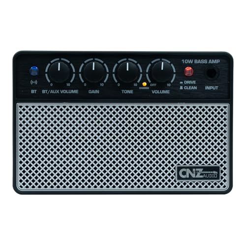 Rechargeable Wireless BT Mini Bass Guitar Amplifier 10 Watt Practice Amp 10,000Ah Battery, BT or Aux Input, Headphone Out, Clean, Gain, Tone & Volume Knobs, Dual Full Frequency Speakers