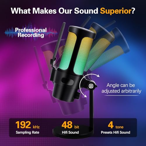 VCOM Gaming USB Microphone, Condenser Dynamic Mic for Podcasting, Streaming, with Quick Mute, Desktop Stand, Pop Filter, RGB Indicator, Shock Mount, Rotate gain Button, Compatible with PS4/5/PC