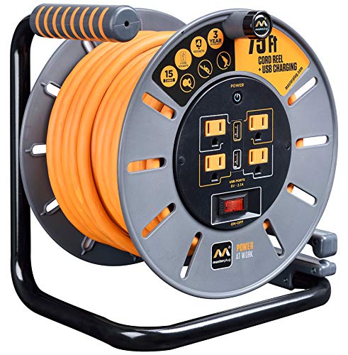 Masterplug 75ft Cord Reel, Retractable Extension Lead with Winding Handle, Safety Overload Circuit Breaker and Power Switch, 4x Grounded Outlets, 2x USB Ports, 15amps, 12AWG Cable - size: 75ft, style: 12 AWG