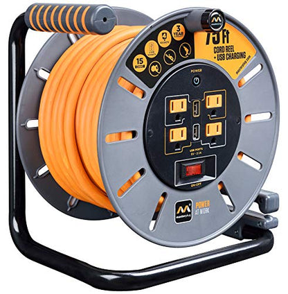 Masterplug 75ft Cord Reel, Retractable Extension Lead with Winding Handle, Safety Overload Circuit Breaker and Power Switch, 4x Grounded Outlets, 2x USB Ports, 15amps, 12AWG Cable - size: 75ft, style: 12 AWG