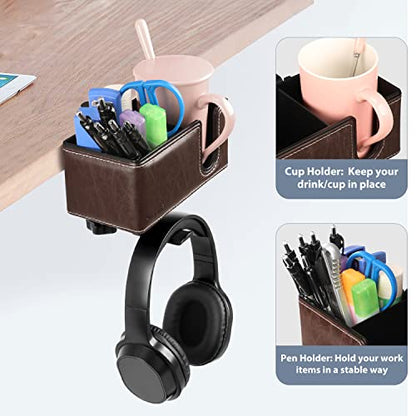 Under Desk Cup Holder Clamp on Cup Holder PU Leather Clip on Desk Organizer | Desk organizer with pencil holder clamp on side, under desk hanging organizer, clip on cup holder desk phone stand holder PU - color: Brown