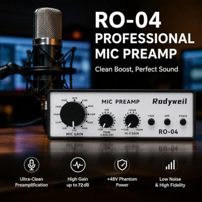RO-04 Mic Preamp, 0~72db Adjustable Gain Boost,-120db EIN Ultra Low Noise, Studio Grade Performance with Hi-Z, 48V, HPF, Phase for Instrument & Microphone | Ultra Low Noise,Studio Grade Performance with Hi-Z, 48V, HPF, Phase for Instrument & Microphone