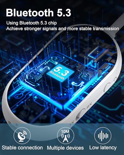 Bluetooth 5.3 Transmitter Receiver for Car, 2-in-1 Wireless Audio Adapter with 3.5mm AUX, Low Latency, Supports Dual Pairing for AirPods/Headphones, 18+ Hours Battery for Home Stereo, TV, Airplane