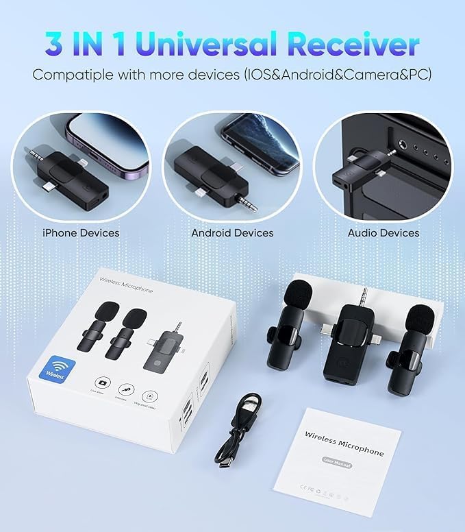 Wireless Lavalier Microphone for iPhone & Android & iPad & Camera - 2 Pack 3 in 1 Mini Microphones with Noise Reduction Lapel Mic for Live Stream Content Creators Podcast