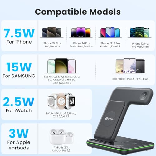 WAITIEE Foldable Wireless Charger for iPhone 17 16 15 14 13 12 11 X 8, 3 in 1 Charging Station for Apple Watch & for AirPods (Black) - color: Black
