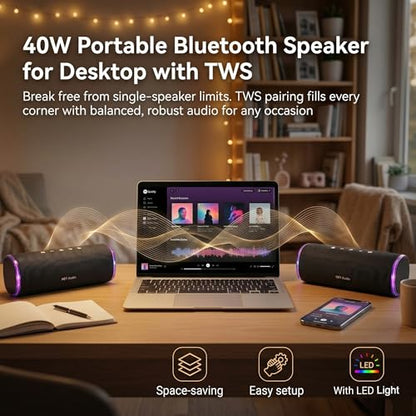 Bass Boosted Bluetooth Bike Speaker, IPX7 Waterproof | 30W RMS (40W Peak) Portable Wireless Outdoor Audio, 25H Playtime, LED Lights, TWS Pairing for Pool, Shower, Gifts (Black) - color: Black