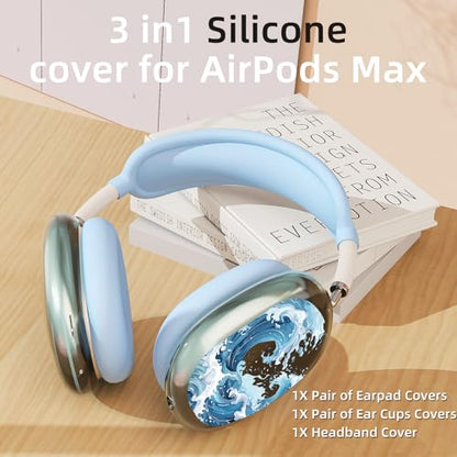 Blue Sea Waves Clear Case for Airpods Max Headphones Unique Ocean Print Soft TPU Ear Cups Cover Anti-Scratch Silicone Ear Pad Protective Case 53 Headband Cover for Apple Airpods Max - color: Blue waves 01