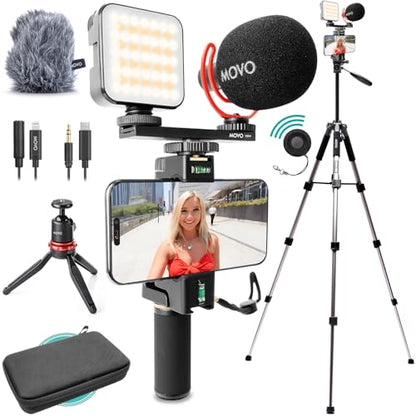 Movo iVlogger-PRO Vlogging Kit for iPhone with Mic, Light, and Tripod | Professional YouTube Starter Kit for iPhone and Android with VXR10 Mic, Rechargeable RGB Light, Two Tripods, Case, and More