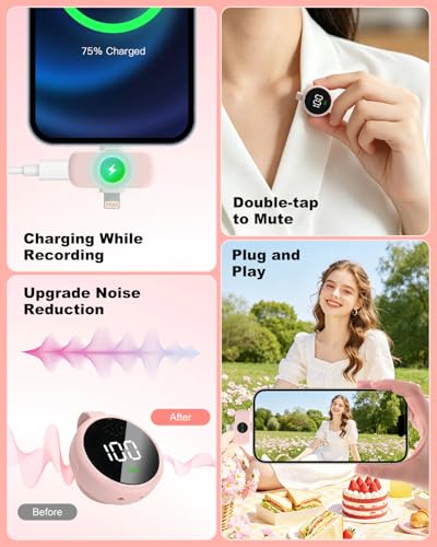 Wireless Microphone for iPhone & USB C Android, AI Noise Canceling Lapel Mic with Charging Case Magnetic Clip LCD Display DSP Chip Lavalier Mini Microphone for Vlogging Tiktok Live Stream YouTube Pink - color: Pink