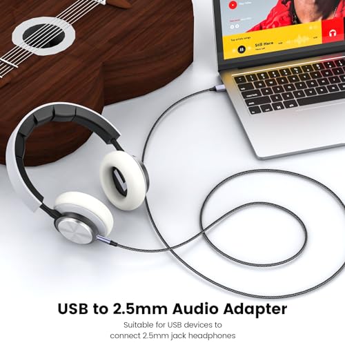MOSWAG USB to 2.5mm TRS Audio Adapter, Nylon Braided Headphone Extension Cords for Windows, Linux, Android, PC, Laptop, Headphones - size: 10FT/3Meter