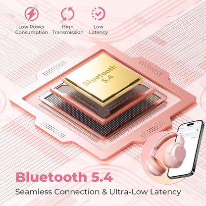 Active Noise Cancelling Headphones, Upgraded Wireless Bluetooth Headphones Over Ear with ENC Mic, HiFi Stereo Deep Bass, Noise Canceling Headphones Lightweight, BT 5.4, for Travel/Office/Home, Pcs - color: Pink