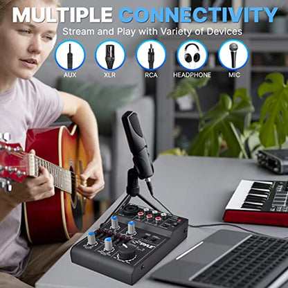 Pyle 5-Channel Rechargeable Mini Portable Audio Mixer – Compact Music Mixer DJ Controller with USB Interface, Slider EQ Controls, XLR Combo Mic Input, Rechargeable Battery, USB/Line/Master Controls - style: 5 Channel