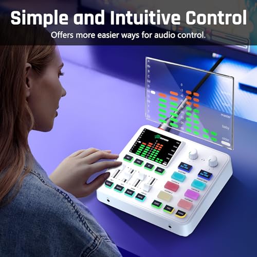 PUPGSIS Gaming Audio Mixer, Audio Interface for PC/Podcast/Streaming, Sound Board with 3.5mm/XLR Mic Input, 48V Phantom Power, Voice Changer, Live Sound Card with DJ Mixer Effects/Bluetooth(White) - color: White